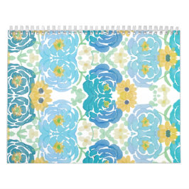 Calendário Floral Aquarela Azul e Amarelo