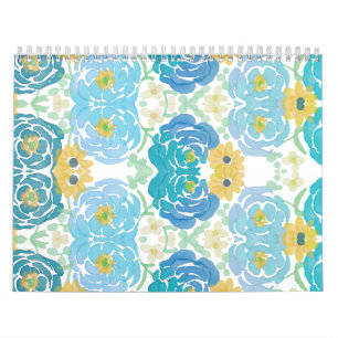 Calendário Floral Aquarela Azul e Amarelo