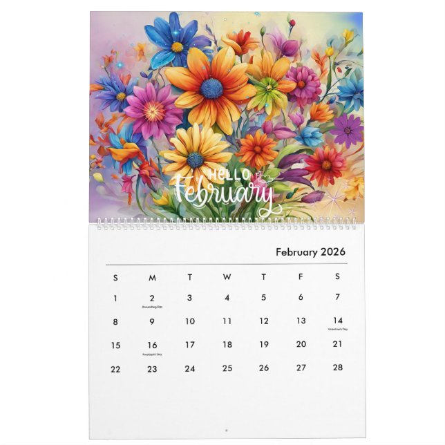 Calendário Floral Moderno e Na moda 2024 Mensal (Fev 2026)