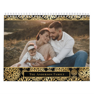Calendário Floral Preto de Folha de Ouro da Família Elegante