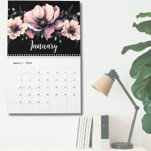 Calendário Floral preto-rosa moderno e bonito, de tendência