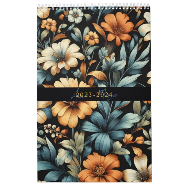 Calendário Floral rustic vintage elegante preto (Capa)