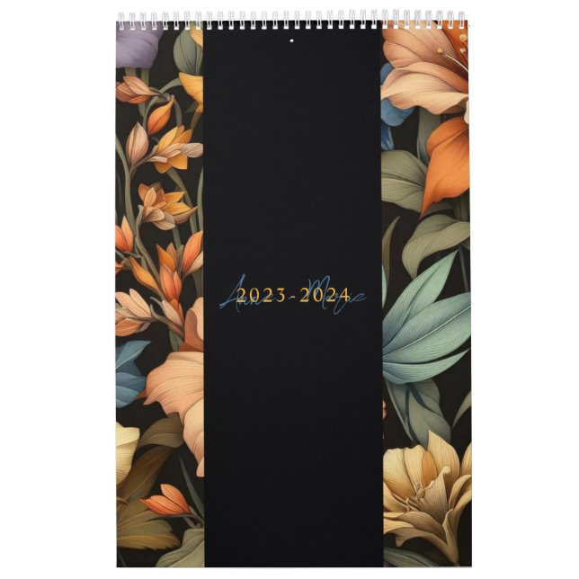 Calendário Floral rustic vintage elegante preto (Capa)