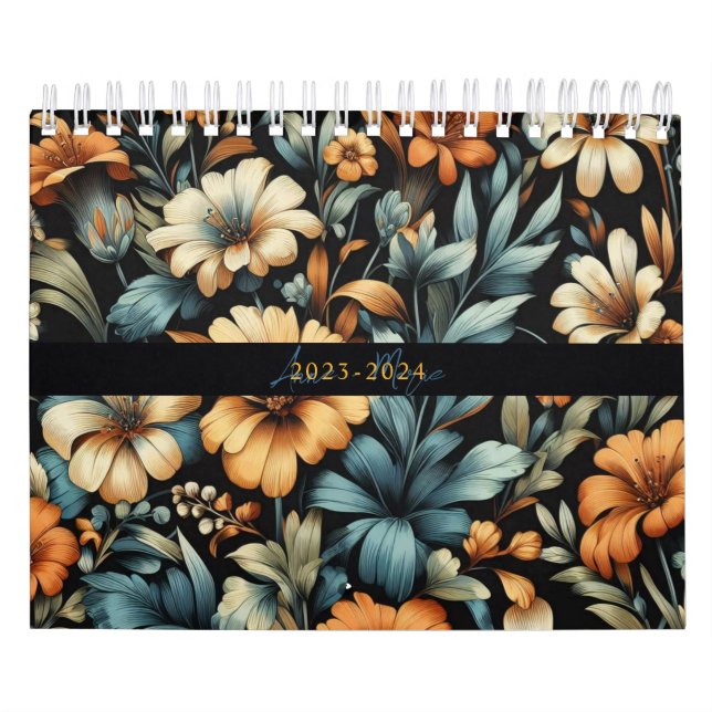 Calendário Floral rustic vintage elegante preto (Capa)