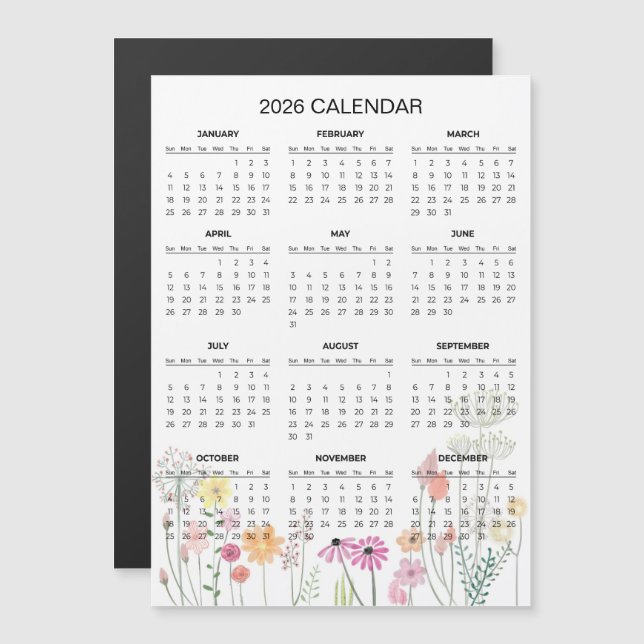 Calendário Floral Simples, porém Elegante de 2026  (Frente/Verso)