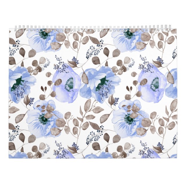 Calendário Flores de Aquarela Azul-Chic (Verso)