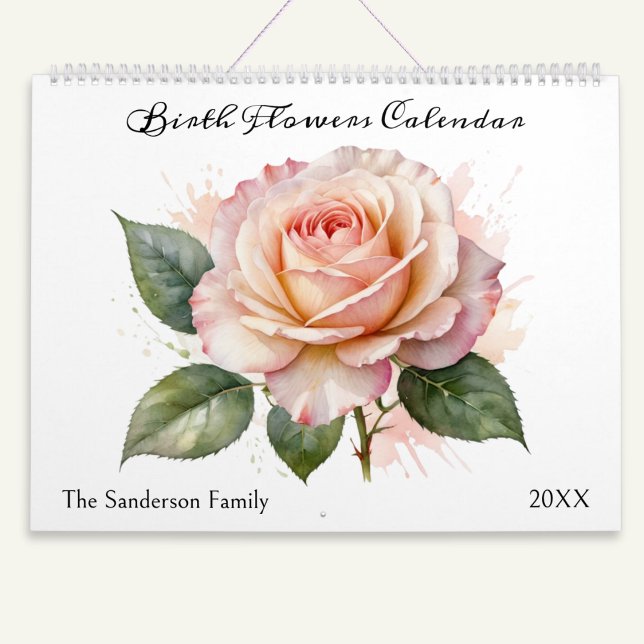 Calendário Flores do Mês de Nascimento Aquarela Personalizada (A very pretty calendar with the theme of 'Birth Flowers', each illustrated in a watercolor style)