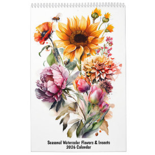 Calendário Flores e Insetos em Aquarela Sazonais – 2026