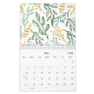 Calendário Folhas Verdes e Amarelo Ouro Floral 2026