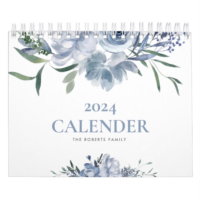 Calendário foto azul floral moderna personalizada 2024 calend (Capa)