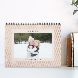 Calendário Foto da família Zig Zag Dourada, rosa moderna