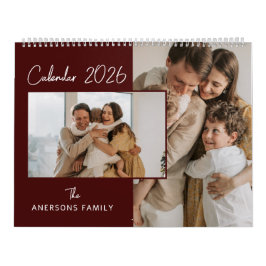 Calendário Foto de família com estética minimalista vermelha 