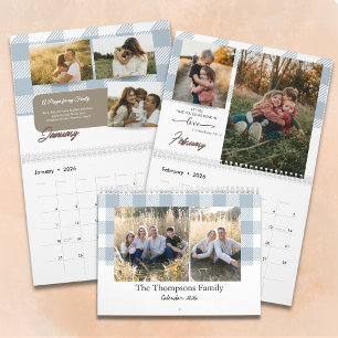 Calendário Foto de Família em Plaid Buffalo Azul Desbotado co