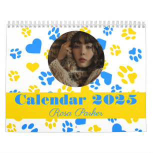 Calendário Foto personalizável e nome Paw azul e Dourado