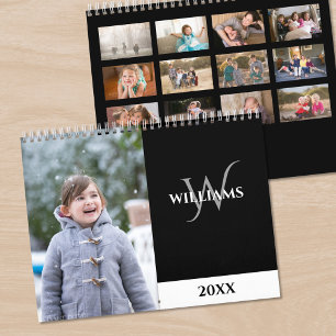 Calendário Fotografia Preta com Monograma Moderno