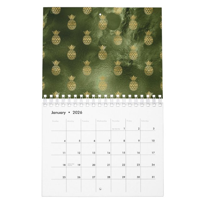 Calendário Fruta tropical de abacaxi amarelo-verde (Jan 2026)