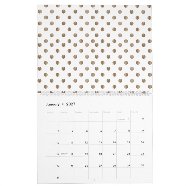 Calendário fundo branco com bolinhas castanhas (Jan 2027)