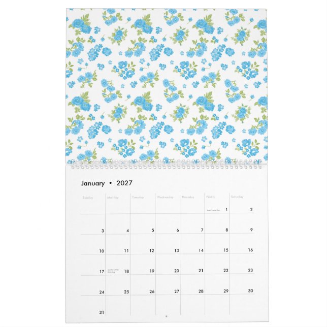Calendário fundo branco com flores azuis e borra verde (Jan 2027)