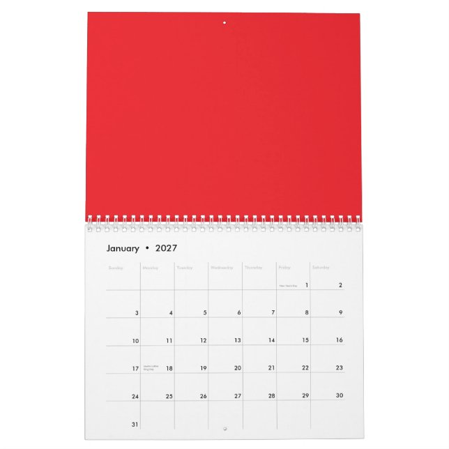 Calendário fundo vermelho com borda branca (Jan 2027)