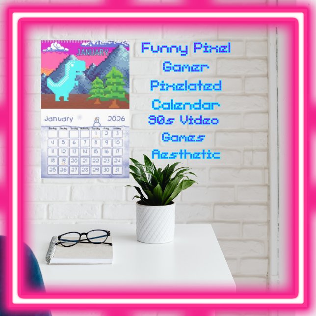 Calendário Funny Pixel Gamer Pixelated- Dinosaur Illustration (Funny Pixel Gamer Pixelated- Dinosaur Illustration Single Page Calendar; 90s Video Games Aesthetic.)