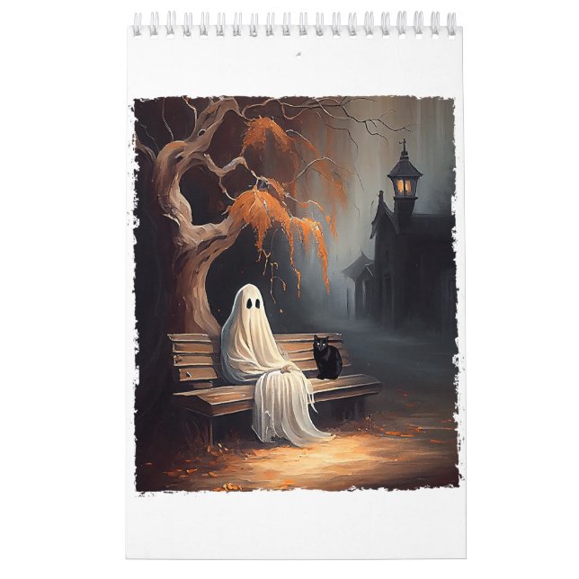 Calendário Gato Negro E Fantasma Sentados Em Bench Halloween  (Capa)