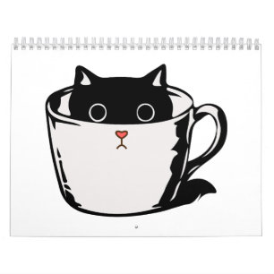 Calendário Gato preto com nariz vermelho escondido em um copo