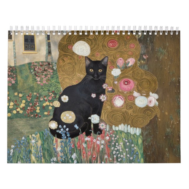 Calendário Gato Preto Gustav Klimt num Jardim Flor, Arte Gato (Capa)