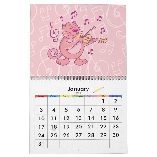 Calendário Gato Rosa com Violino (Jan 2027)