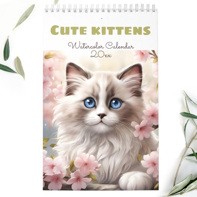 Calendário Gatos Amantes Gelados Gatinhos Cachinhos Aquarelas (Cat Lovers Cute Kittens Watercolor Seasonal Calendar)