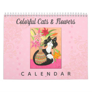 Calendário Gatos Coloridos Flores Bonitas Rapariga Boho 2022