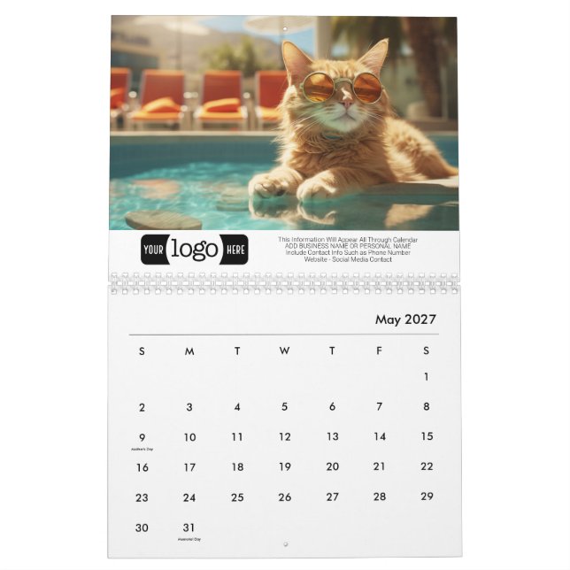 Calendário Gatos em Férias - Adicione Logotipo Para Presente  (Maio 2027)
