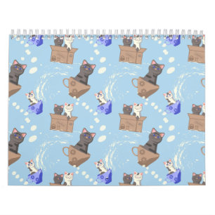 Calendário Gatos na caixa e leite cai em azul