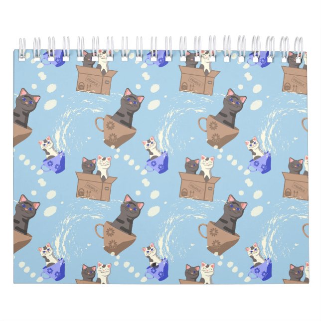 Calendário Gatos na caixa e leite cai em azul (Capa)