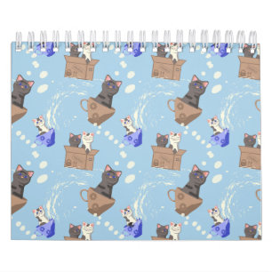 Calendário Gatos na caixa e leite cai em azul