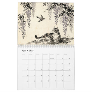 Calendário Gatos Sumi-e Hanafuda – 12 Meses de Parede do Japã