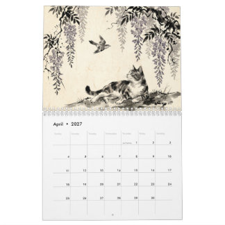 Calendário Gatos Sumi-e Hanafuda – 12 Meses de Parede do Japã