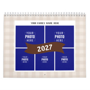 Calendário Gingham de Creme Rústico Multi Foto Família