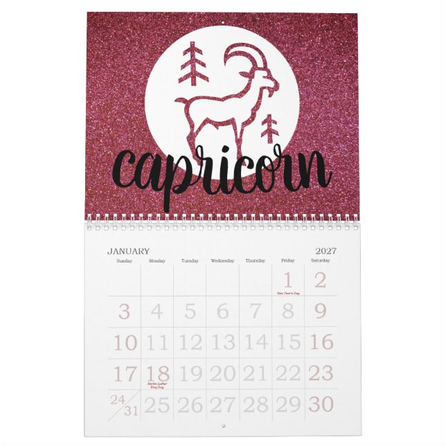 Calendário Gráfico de Astrologia Simples Zodiac Glitter Birth (Jan 2027)