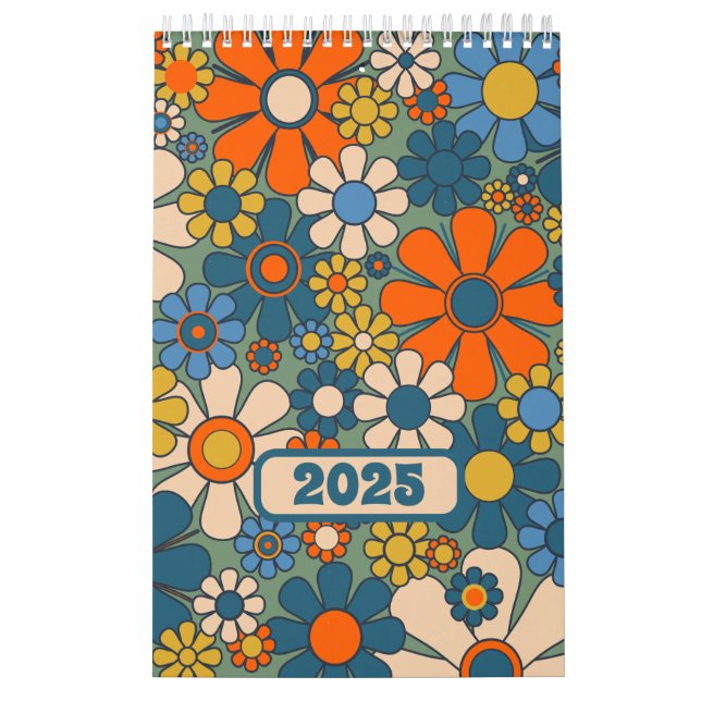 Calendário Groovy Retro 60s 70s Padrão Floral 2025 (Capa)
