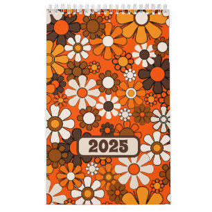 Calendário Groovy Retro 70s Floral 2025 Brown e Orange