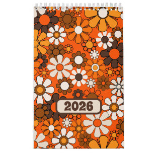 Calendário Groovy Retro Anos 70 Floral 2027 Marrom e Laranja