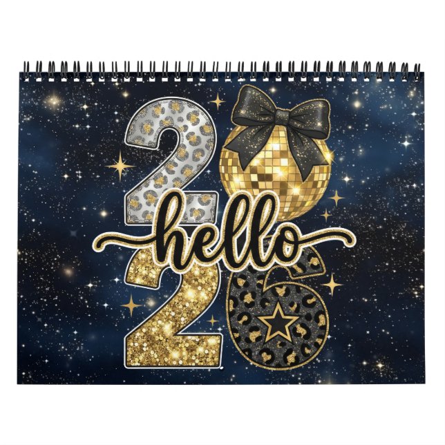 Calendário Hello 2026 Gold Glitter Chic Galaxy Calendar (Capa)