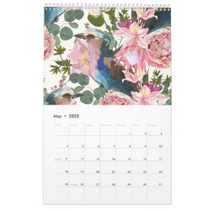 Calendário Ilustrações de flores tropicais, plantas, aves.