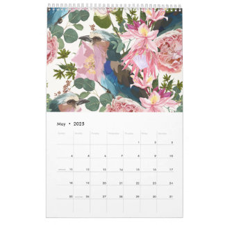Calendário Ilustrações de flores tropicais, plantas, aves.