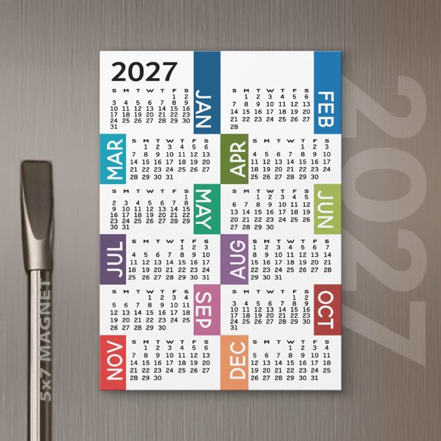 Calendário Ímã 2027 - Meses coloridos funky (2027 Calendar Magnet)