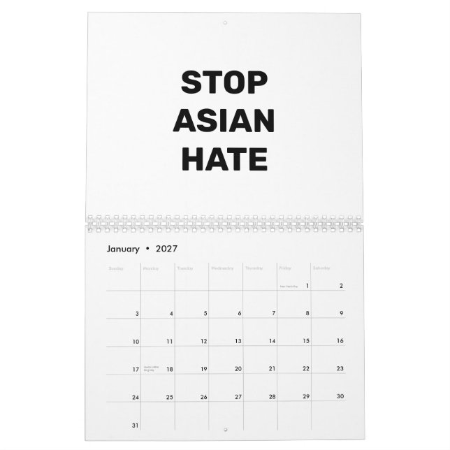 Calendário Impedir o Ódio Asiático, a tipografia moderna negr (Jan 2027)