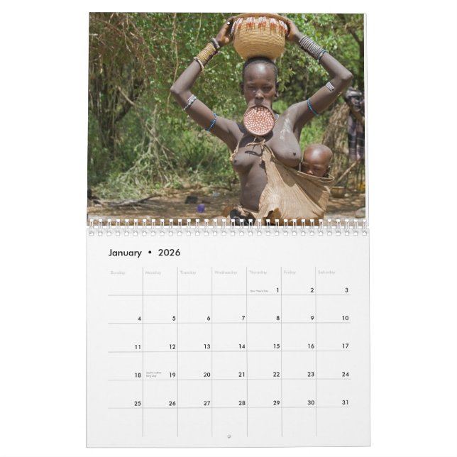 Calendário impresso das caras costume africano (Jan 2026)