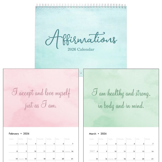 Calendário Inspirational Affirmations Quotes Watercolor 2026 (Criador carregado)