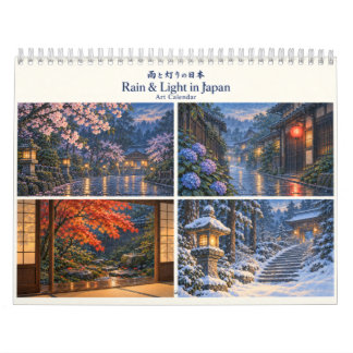 Calendário Japanese Rain & Lantern Light Woodblock Style Art
