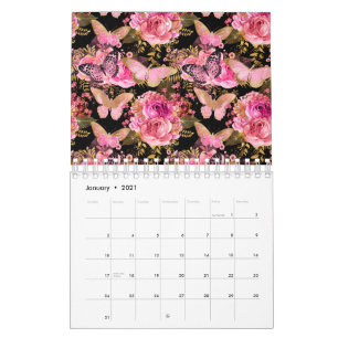 Calendário Jardim Floral de Rosas Borboleta Flor Cute Estétic